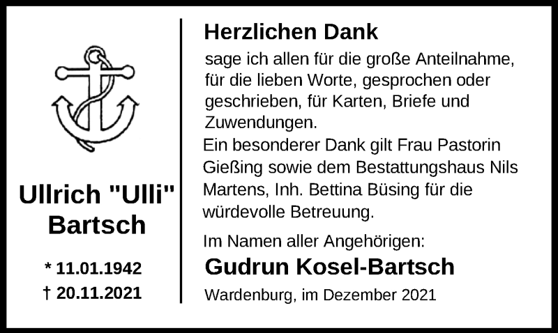 Traueranzeige für Ullrich Bartsch vom 28.12.2021 aus Nordwest-Zeitung