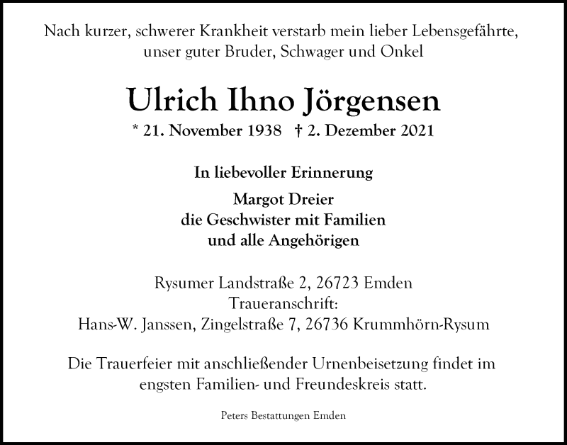  Traueranzeige für Ulrich Ihno Jörgensen vom 04.12.2021 aus Emder Zeitung