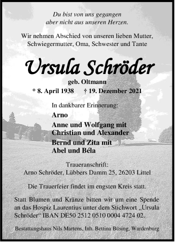 Traueranzeige von Ursula Schröder von Nordwest-Zeitung