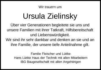 Traueranzeige von Ursula Zielinsky von Nordwest-Zeitung