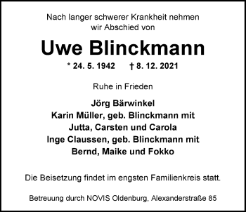 Traueranzeige von Uwe Blinckmann von Nordwest-Zeitung