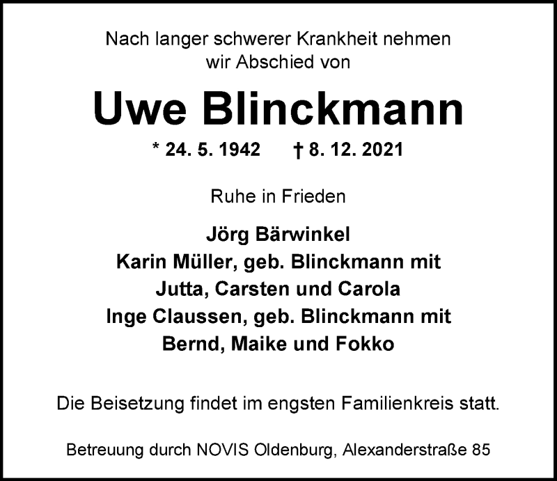  Traueranzeige für Uwe Blinckmann vom 18.12.2021 aus Nordwest-Zeitung