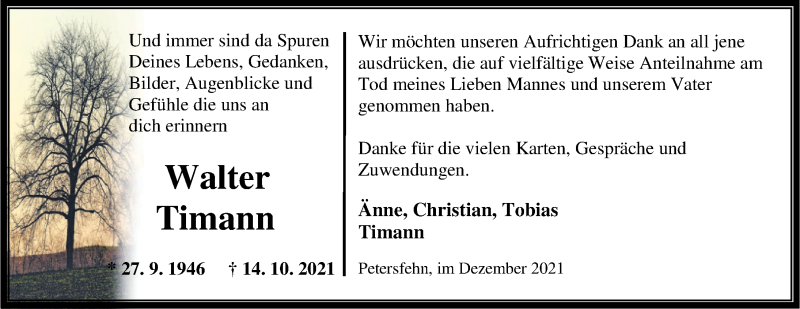  Traueranzeige für Walter Timann vom 11.12.2021 aus Nordwest-Zeitung
