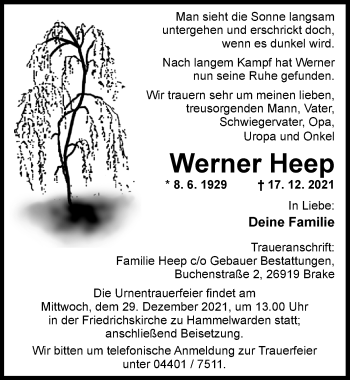 Traueranzeige von Werner Heep von Nordwest-Zeitung