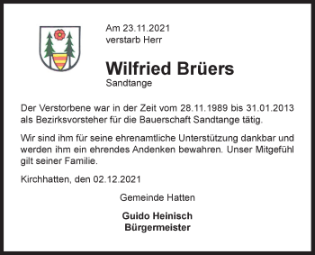 Traueranzeige von Wilfried Brüers von Nordwest-Zeitung