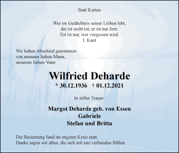 Traueranzeige von Wilfried Deharde von Nordwest-Zeitung