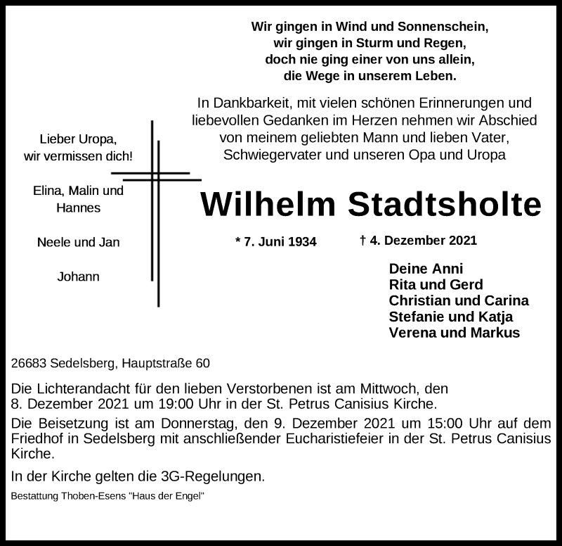  Traueranzeige für Wilhelm Stadtsholte vom 07.12.2021 aus Nordwest-Zeitung