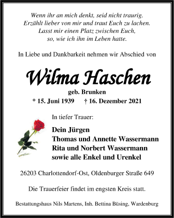 Traueranzeige von Wilma Haschen von Nordwest-Zeitung