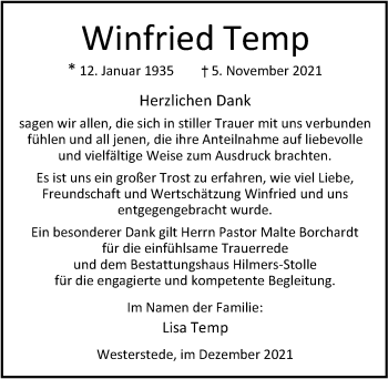 Traueranzeige von Winfried Temp von Nordwest-Zeitung