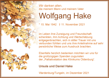 Traueranzeige von Wolfgang Hake von Nordwest-Zeitung