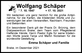 Traueranzeige von Wolfgang Schäper von Nordwest-Zeitung