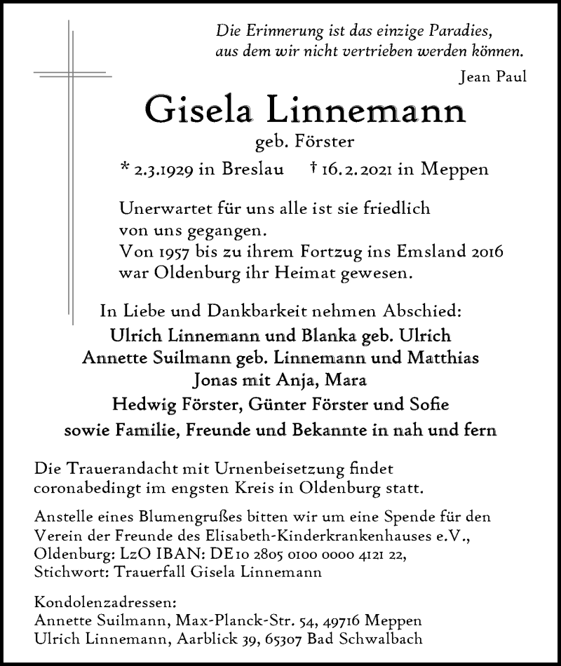  Traueranzeige für Gisela Linnemann vom 20.02.2021 aus Nordwest-Zeitung