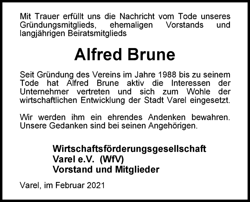  Traueranzeige für Alfred Brune vom 24.02.2021 aus Nordwest-Zeitung