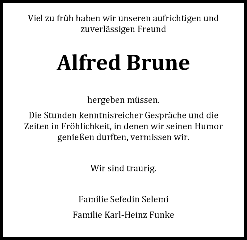  Traueranzeige für Alfred Brune vom 27.02.2021 aus Nordwest-Zeitung