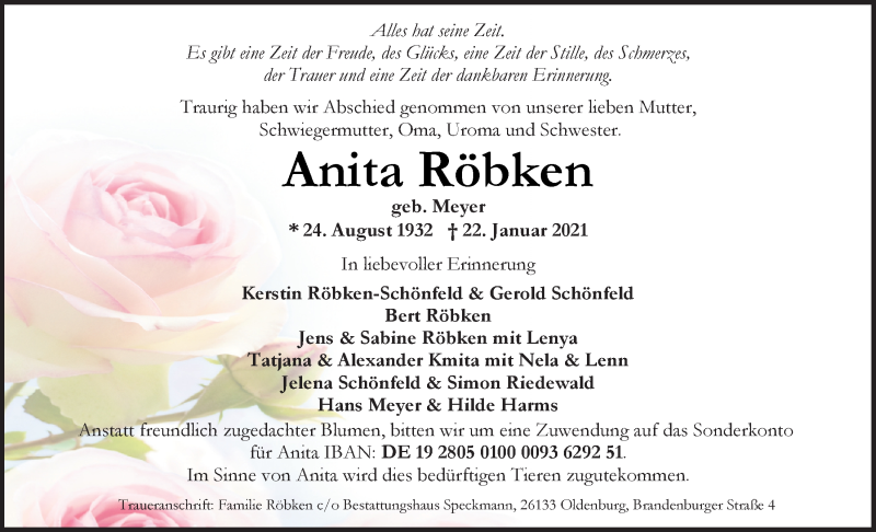  Traueranzeige für Anita Röbken vom 09.02.2021 aus Nordwest-Zeitung