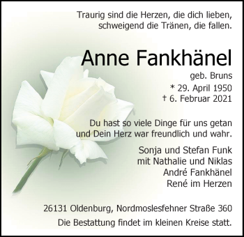 Traueranzeige von Anne Fankhänel von Nordwest-Zeitung