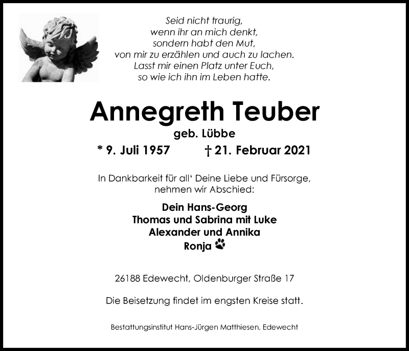  Traueranzeige für Annegreth Teuber vom 25.02.2021 aus Nordwest-Zeitung