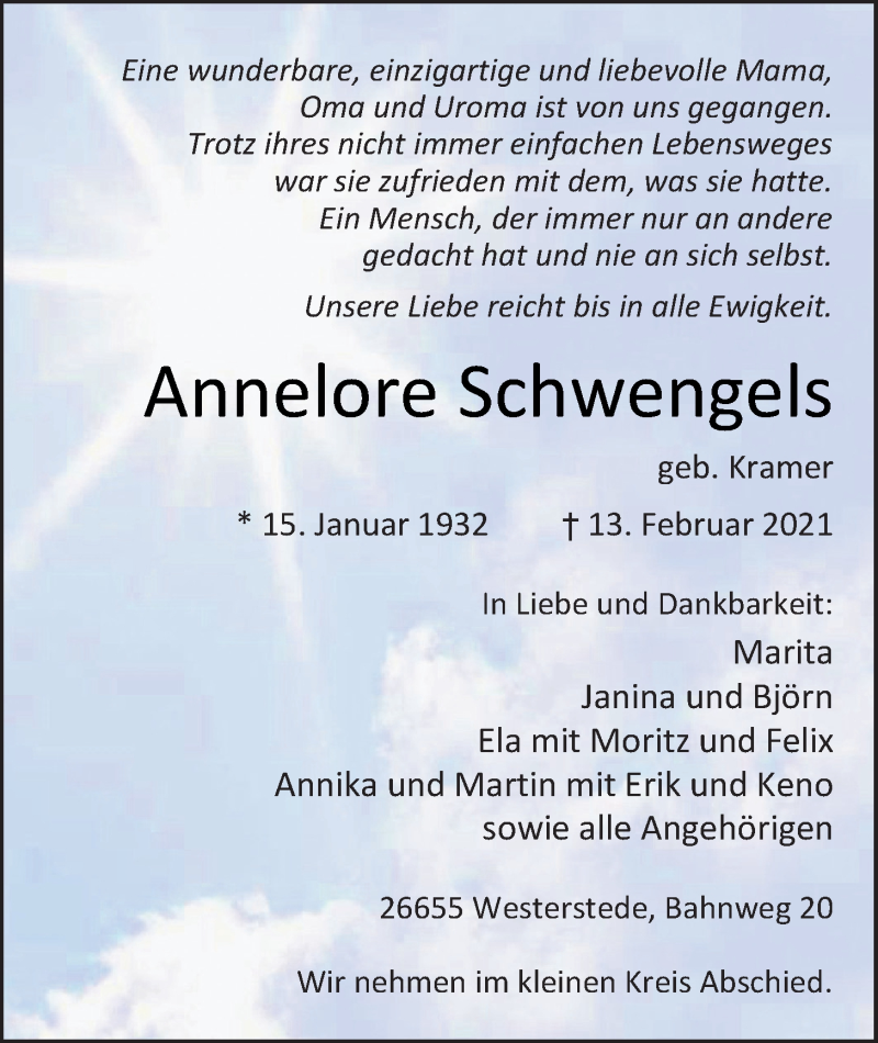 Traueranzeige für Annelore Schwengels vom 16.02.2021 aus Nordwest-Zeitung