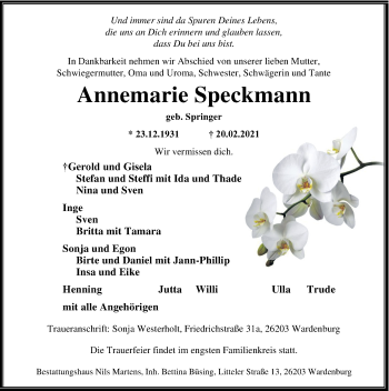 Traueranzeige von Annemarie Speckmann von Nordwest-Zeitung