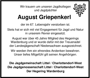 Traueranzeige von August Heinrich Griepenkerl von Nordwest-Zeitung