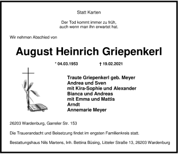 Traueranzeige von August Heinrich Griepenkerl von Nordwest-Zeitung