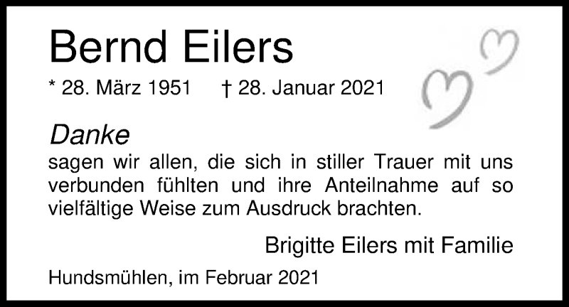  Traueranzeige für Bernd Eilers vom 20.02.2021 aus Nordwest-Zeitung
