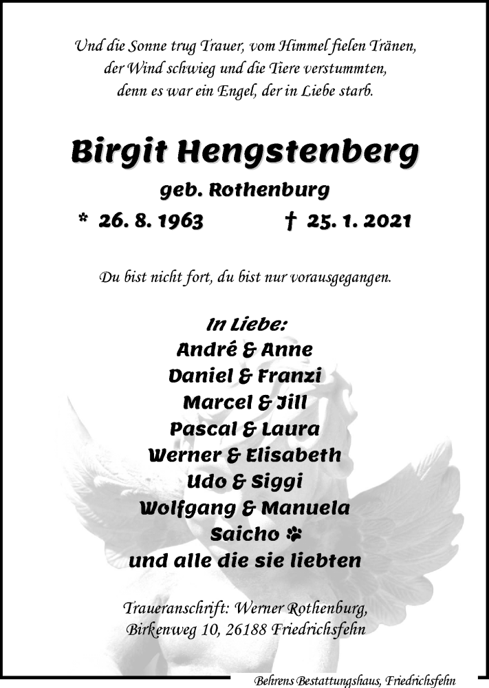  Traueranzeige für Birgit Hengstenberg vom 02.02.2021 aus Nordwest-Zeitung