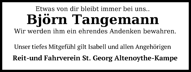  Traueranzeige für Björn Tangemann vom 10.02.2021 aus Nordwest-Zeitung