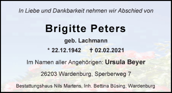 Traueranzeige von Brigitte Peters von Nordwest-Zeitung
