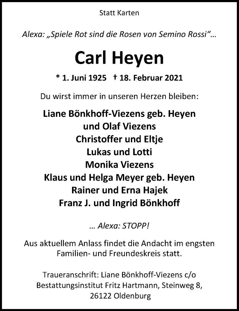  Traueranzeige für Carl Heyen vom 27.02.2021 aus Nordwest-Zeitung