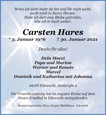 Traueranzeige von Carsten Hares von Nordwest-Zeitung