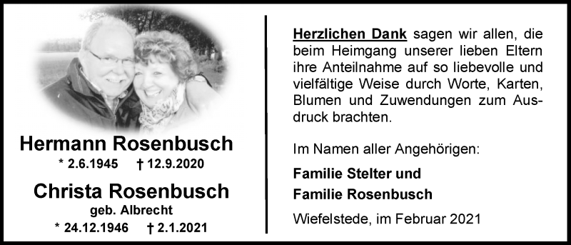  Traueranzeige für Christa Rosenbusch vom 06.02.2021 aus Nordwest-Zeitung