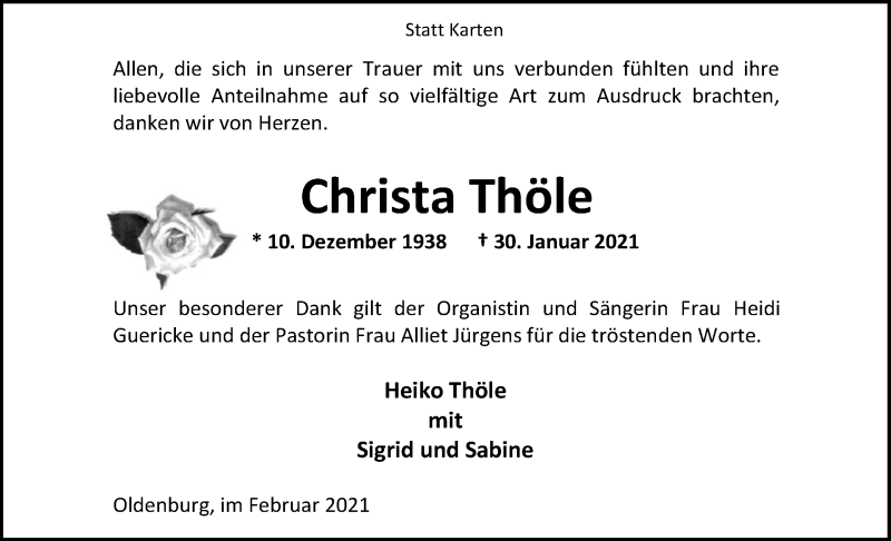  Traueranzeige für Christa Thöle vom 20.02.2021 aus Nordwest-Zeitung