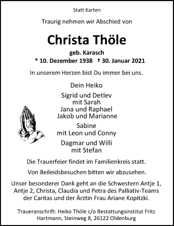 Traueranzeige von Christa Thöle von Nordwest-Zeitung