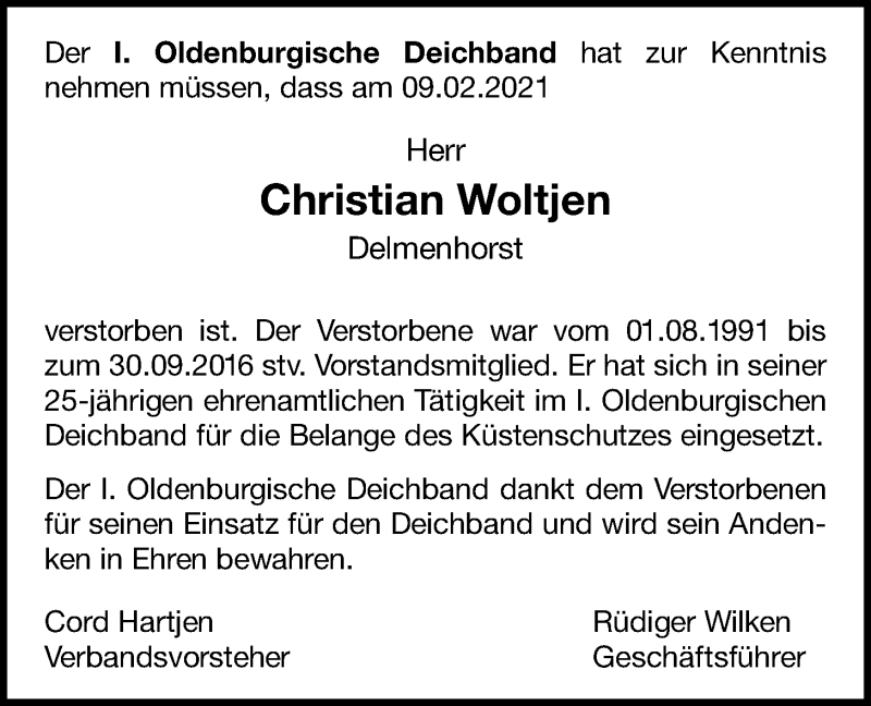 Traueranzeige für Christian Woltjen vom 20.02.2021 aus Nordwest-Zeitung