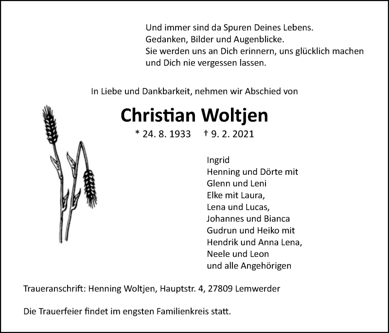  Traueranzeige für Christian Woltjen vom 17.02.2021 aus Nordwest-Zeitung