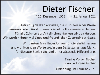 Traueranzeige von Dieter Fischer von Nordwest-Zeitung