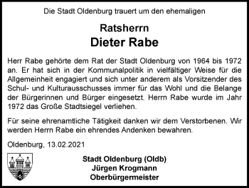 Traueranzeige von Dieter Rabe von Nordwest-Zeitung