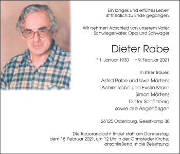 Traueranzeige von Dieter Rabe von Nordwest-Zeitung