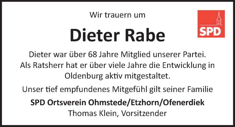  Traueranzeige für Dieter Rabe vom 13.02.2021 aus Nordwest-Zeitung