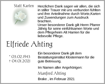 Traueranzeige von Elfriede Ahting von Nordwest-Zeitung