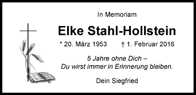  Traueranzeige für Elke Stahl-Hollstein vom 01.02.2021 aus Nordwest-Zeitung