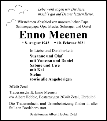 Traueranzeige von Enno Meenen von Nordwest-Zeitung