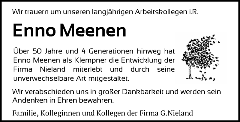  Traueranzeige für Enno Meenen vom 13.02.2021 aus Nordwest-Zeitung