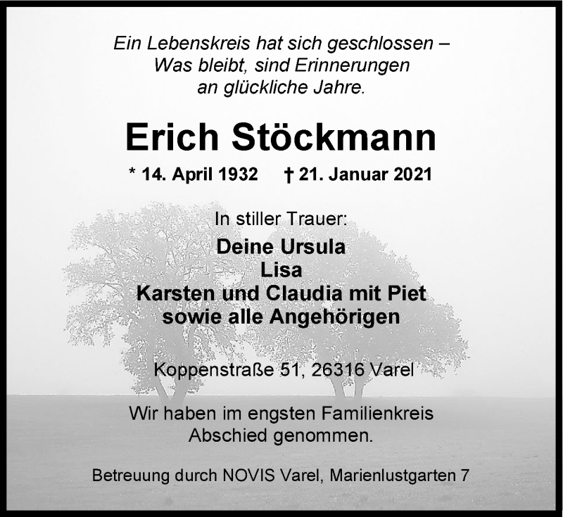  Traueranzeige für Erich Stöckmann vom 03.02.2021 aus Nordwest-Zeitung