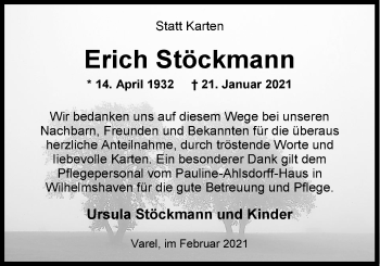 Traueranzeige von Erich Stöckmann von Nordwest-Zeitung