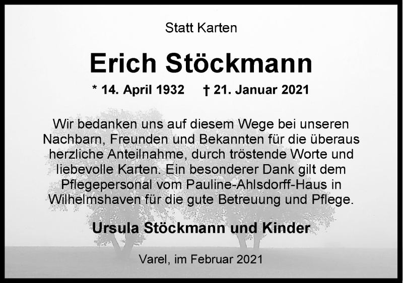  Traueranzeige für Erich Stöckmann vom 27.02.2021 aus Nordwest-Zeitung