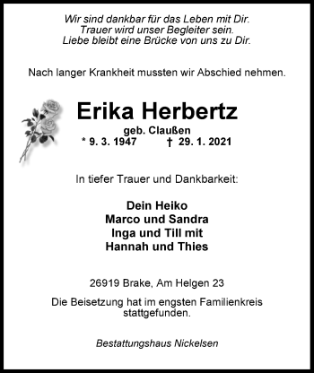 Traueranzeige von Erika Herbertz von Nordwest-Zeitung