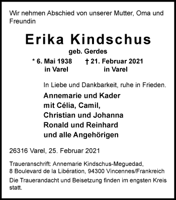 Traueranzeige von Erika Kindschus von Nordwest-Zeitung