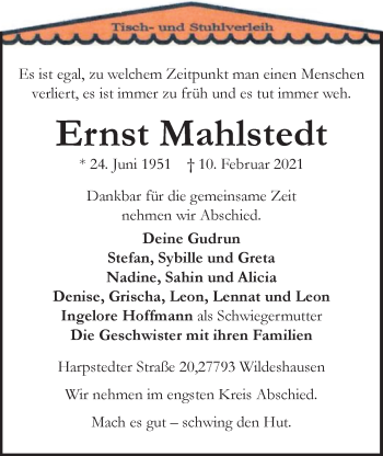 Traueranzeige von Ernst Mahlstedt von Nordwest-Zeitung